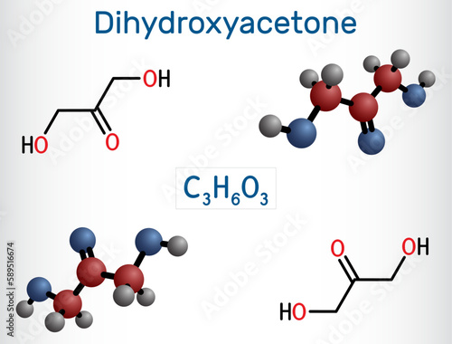 Dihydroxyacetone, DHA, glycerone molecule. It is saccharide, triose, sunscreening agent, component of self-tanning creams. Structural chemical formula, molecule model.