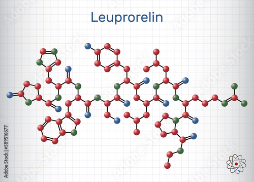 Leuprorelin, leuprolide molecule. It is drug for treatment of prostate cancer, uterine leiomyomata. Structural chemical formula, molecule model.