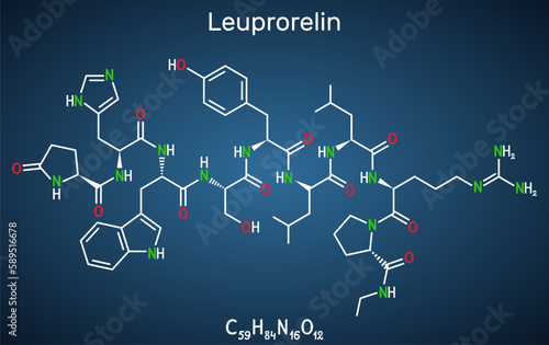 Leuprorelin, leuprolide molecule. It is drug for treatment of prostate cancer, uterine leiomyomata. Structural chemical formula on the dark blue background photo
