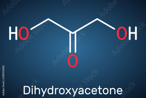 Dihydroxyacetone, DHA, glycerone molecule. It is saccharide, triose, sunscreening agent, component of self-tanning creams. Structural chemical formula on the dark blue background.