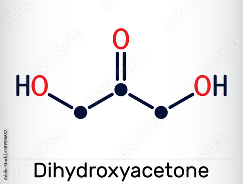 Dihydroxyacetone, DHA, glycerone molecule. It is saccharide, triose, sunscreening agent, component of self-tanning creams. Skeletal chemical formula.