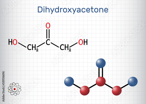 Dihydroxyacetone, DHA, glycerone molecule. It is saccharide, triose, sunscreening agent, component of self-tanning creams. Structural formula, molecule model. Sheet of paper cage