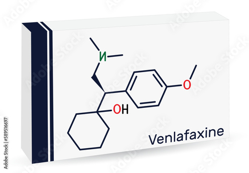 Venlafaxine antidepressant  drug molecule. It is used for the treatment of major depression. Skeletal chemical formula. Paper packaging for drugs
