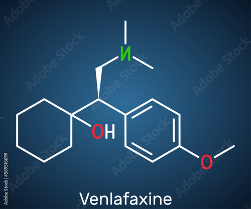Venlafaxine antidepressant  drug molecule. It is used for the treatment of major depression. Structural chemical formula on the dark blue background.