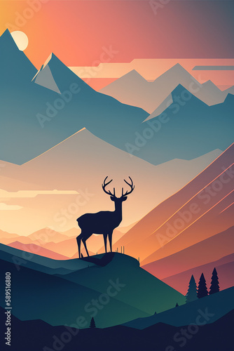 Minimalistic flat design deer silhouette mountain landscape illustration. Generative AI