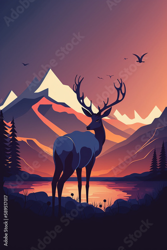 Minimalistic flat design deer silhouette mountain landscape illustration. Generative AI