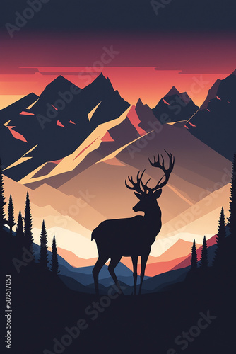 Minimalistic flat design deer silhouette mountain landscape illustration. Generative AI