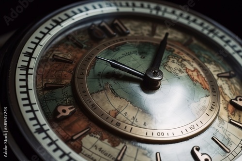 Close-up of the dial of a vintage watch with world map on the dial. Earth's Time Concept. Generative AI