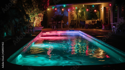 A pool party with neon lights illuminating the water Generative AI