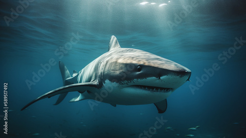 A shark swimming in deep water Generative AI © Wagner