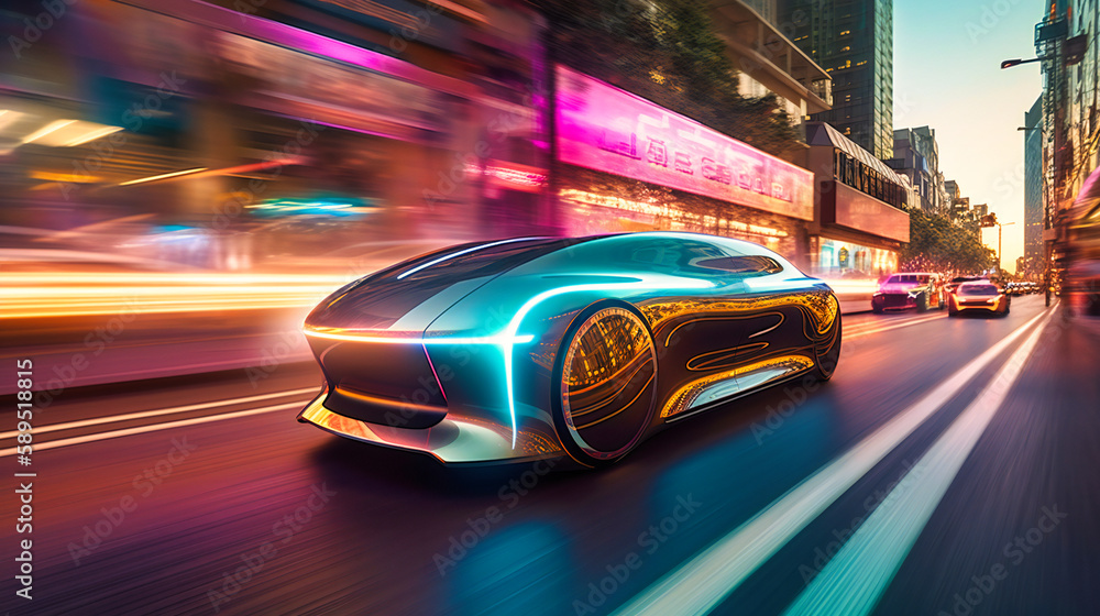 A futuristic electric cargo transport driving through a high-tech city, showcasing innovation and modernity