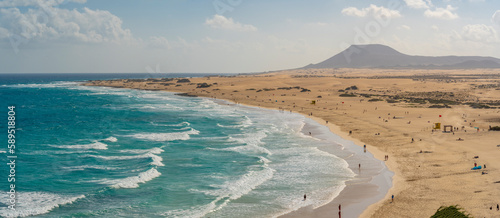 Elevated view of beach and the Atlantic Ocean, Corralejo Natural Park, Fuerteventura