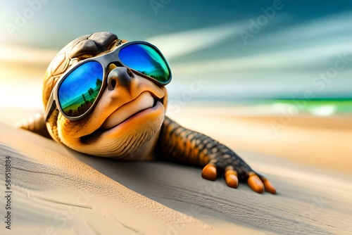 Funny turtle on the beach enjoying the summer , Generative AI © nali
