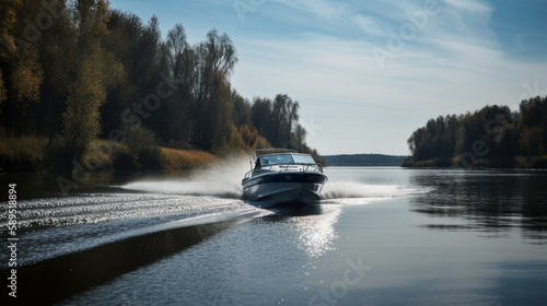 Fotografia A motorboat speeding down a calm river Generative AI