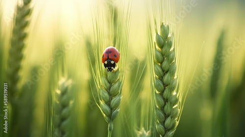 Ladybug on young green wheat. Copy space. Based on Generative AI