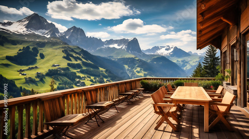 A captivating image of a luxurious mountain chalet terrace, offering an idyllic setting to relax and enjoy breathtaking alpine views