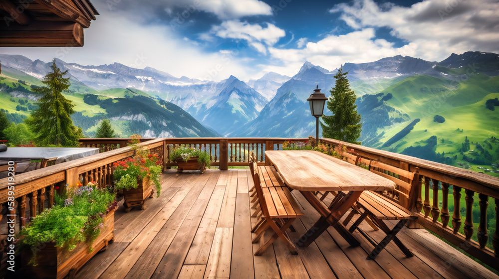 A captivating image of a luxurious mountain chalet terrace, offering an idyllic setting to relax and enjoy breathtaking alpine views A captivating image of a luxurious mountain chalet terrace, offering an idyllic setting to relax and enjoy breathtaking alpine views