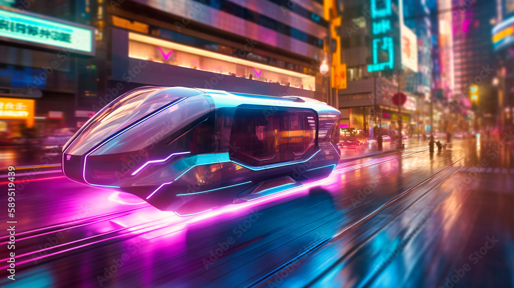 Fototapeta premium A futuristic electric cargo transport driving through a high-tech city, showcasing innovation and modernity