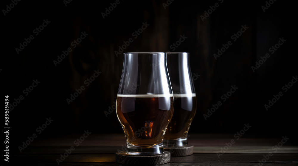Dark beer glasses background. Illustration AI Generative. Dark beer glasses background. Illustration AI Generative.