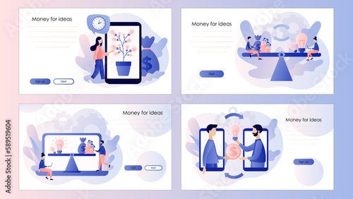 Money for ideas. Tiny people sell business idea. Investment in creative project or startup company. Screen template for landing page, template, ui, web, mobile app, poster, banner, flyer. Vector 