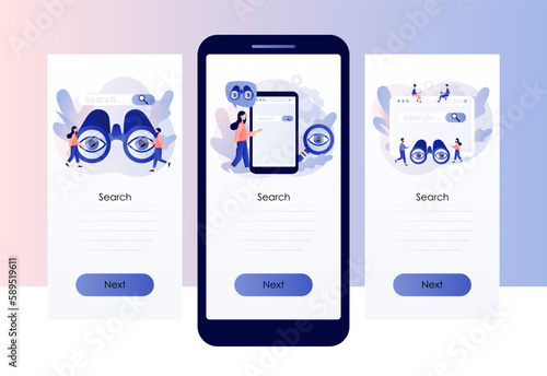Search bars. People browsing online information, surfing internet with binocular and magnifying glass. SEO concept. Screen template for mobile, smartphone app. Modern flat cartoon style. Vector