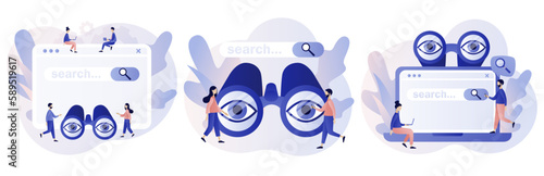 Search bars. People browsing online information, surfing internet with binocular and magnifying glass. SEO concept. Modern flat cartoon style. Vector illustration on white background