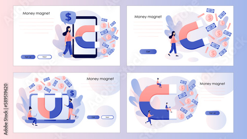 Money magnet. Magnet power attracting golden coins cash. Magnetic wealth power. Business opportunity. Screen template for landing page, template, ui, web, mobile app, poster, banner, flyer. Vector