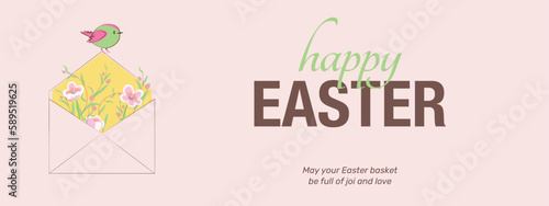 Easter Header or Banner Design with typography, cute letter and pink flowers. Modern vector art template for social media, mobile applications, banner design and online adv.