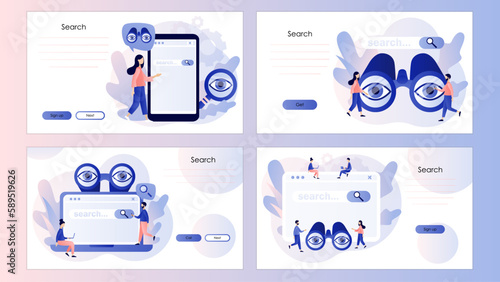 Search. People browsing online information, surfing internet with binocular and magnifying glass. SEO. Screen template for landing page, template, ui, web, mobile app, poster, banner, flyer. Vector 
