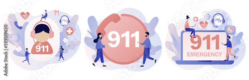 911 emergency call. Ambulance service. Assistant manager online. Hotline call center. Modern flat cartoon style. Vector illustration on white background