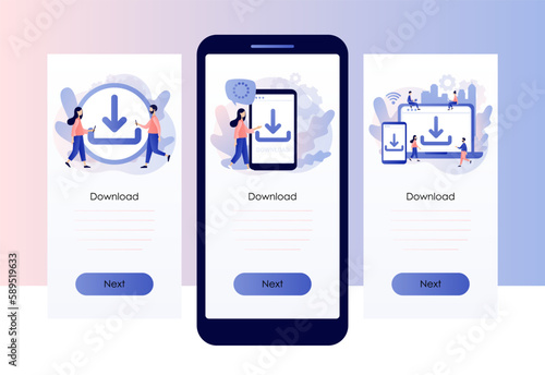 Download concept. Install symbol. Tiny people downloading data, files on smartphone or laptop. Load symbol. Screen template for mobile, smartphone app. Modern flat cartoon style. Vector illustration