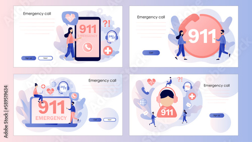 911 emergency call. Ambulance service. Assistant manager online. Hotline call center. Screen template for landing page, template, ui, web, mobile app, poster, banner, flyer. Vector illustration