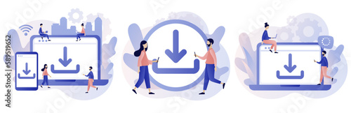 Download concept. Install symbol. Tiny people downloading data, files on smartphone or laptop. Load symbol. Modern flat cartoon style. Vector illustration on white background