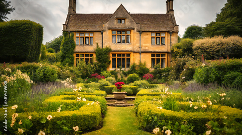 An enchanting image of a grand manor house, nestled within exquisitely maintained gardens, offering a luxurious summer getaway photo