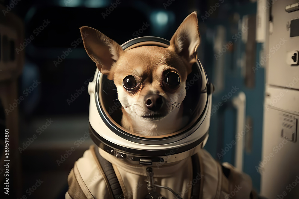 Portrait of cute brown chihuahua dog in astronaut costume and spacesuit looking away against blurred dark background, generative ai image portrait looking at camera.