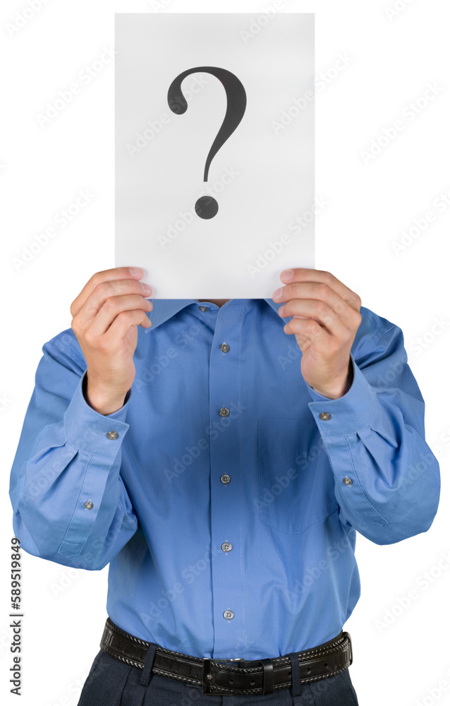 Portrait of a Businessman Holding a White Card with Question Mark on It Portrait of a Businessman Holding a White Card with Question Mark on It