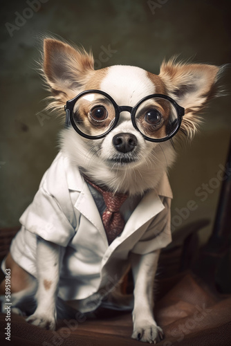 Funny portrait of intelligent and lovely scientist dog with glasses, white scientist coat and tie. Serious doctor dog looking at camera, generative ai image. © Kemedo