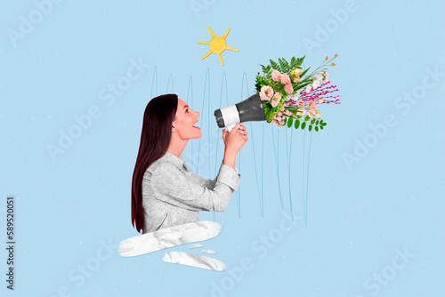 Composite collage picture of positive girl hold communicate talk loudspeaker fresh spring flowers sun isolated on blue background