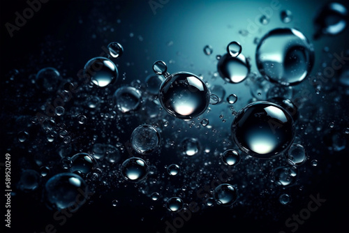 Dynamic underwater bubbles 3в illustration. Abstract dark blue background. AI Generative