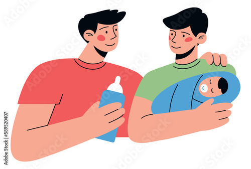 Happy smiling gay couple feeding a little baby. Vector flat minimalist illustration with pride month people