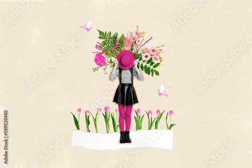 Collage portrait of girl hold hat cover close face fresh spring flowers flying paper origami birds isolated on creative background