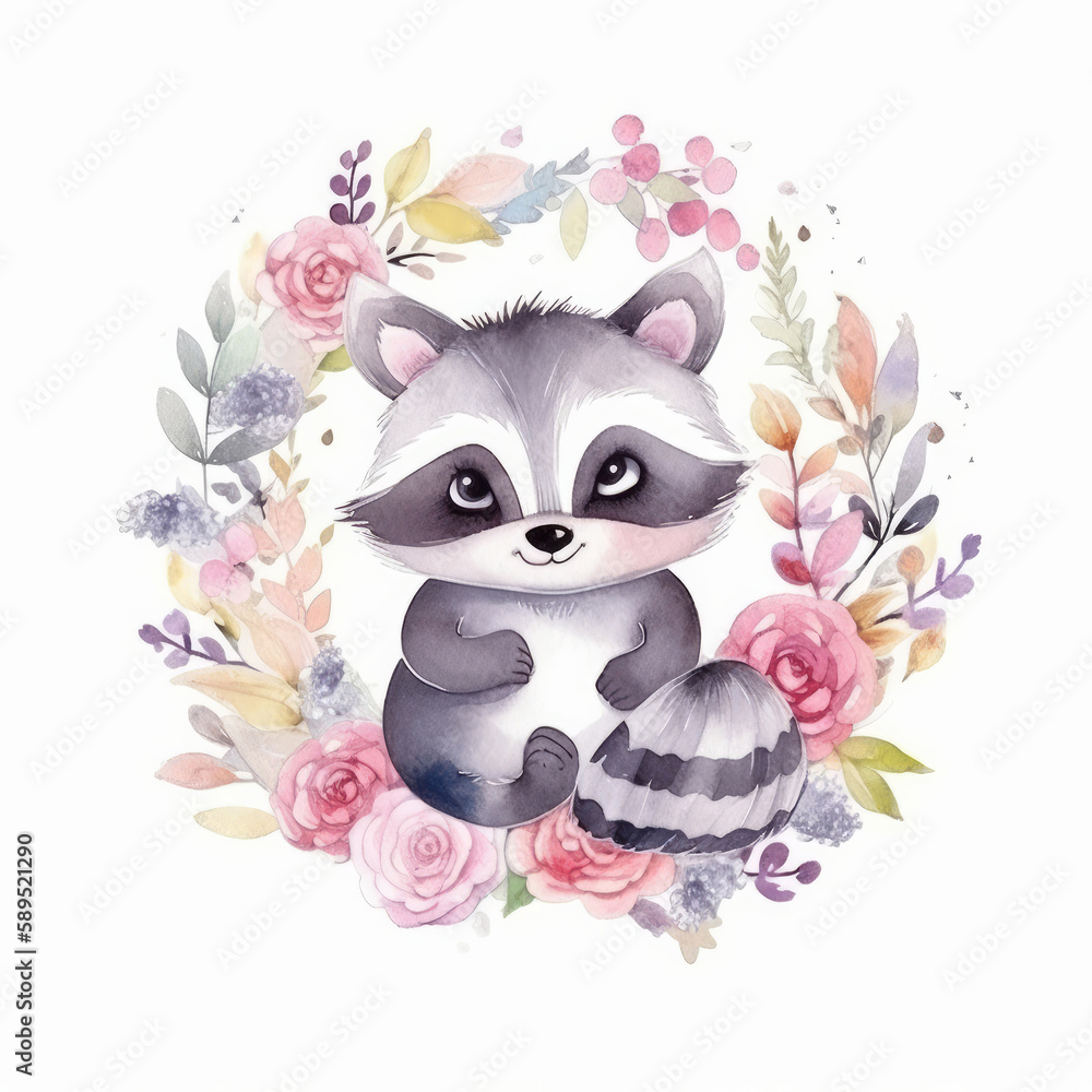 Watercolor raccoon. Illustration AI Generative.