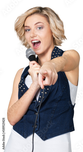 Foto Woman singing into microphone isolated over  white background