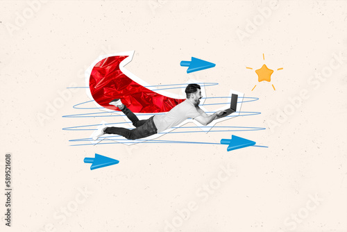 Creative photo collage illustration of excited impressed guy typing on laptop flying fast internet speed isolated on drawing background