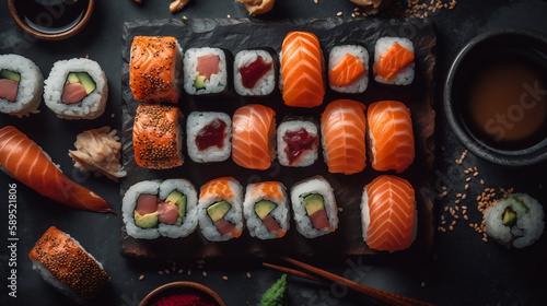 Closeup of fresh sushi. Generative ai. photo