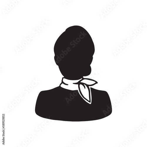 首にスカーフを巻いたシニヨンスタイルの女性シルエット　黒