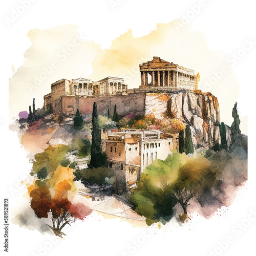 Watercolor Acropolis of Athens vector illustration