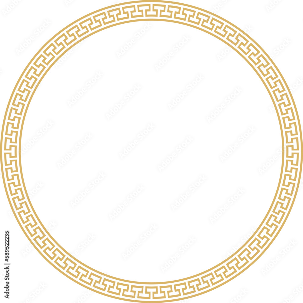 Vector gold round monochrome frame, border, classic greek meander ornament. Patterned circle, ring of Ancient Greece and the Roman Empire.. Vector gold round monochrome frame, border, classic greek meander ornament. Patterned circle, ring of Ancient Greece and the Roman Empire..