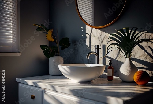 Modern and luxury bathroom vanity with marble countertop and white round ceramic washbasin in sunlight from window and leaf shadow on granite wall. Generative AI