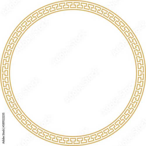 Vector gold round monochrome frame, border, classic greek meander ornament. Patterned circle, ring of Ancient Greece and the Roman Empire..